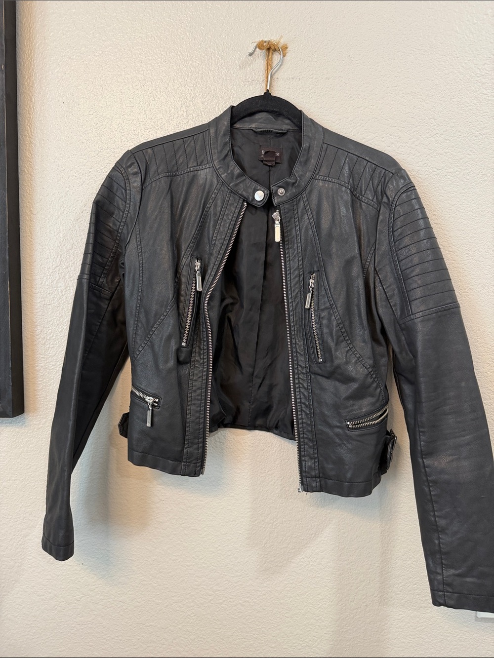 free press Black Faux Leather Moto Jacket with Quilted Shoulders